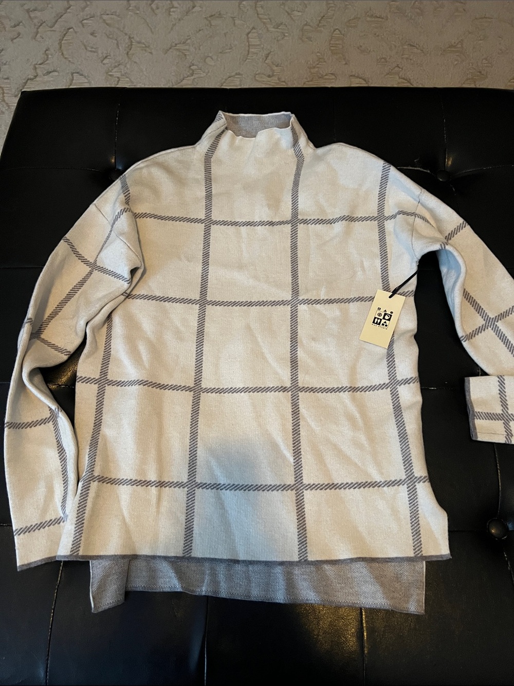 Max Studio Cream Mock-Neck Windowpane Sweater with Gray Grid